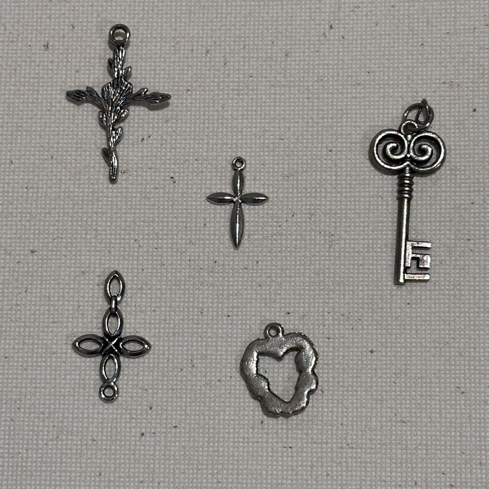 Silver Tone Cross and Key Charms Set